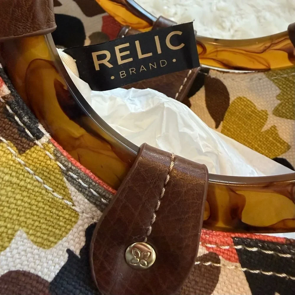 Relic Colorful Floral Fabric Faux Leather Ring Handle Handbag New no strap